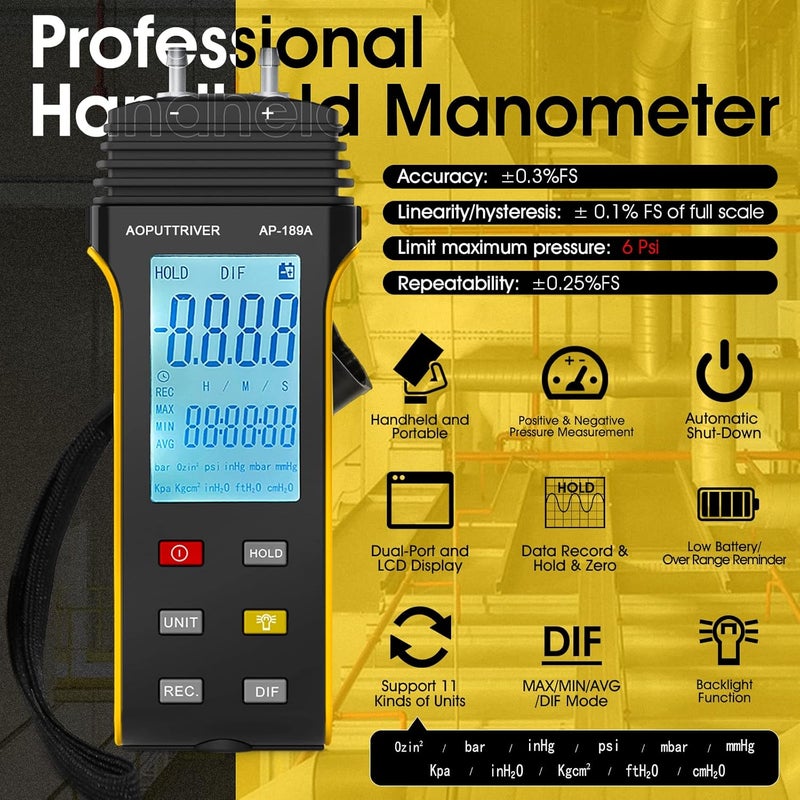 AOPUTTRIVER Digital Manometer,Dual Port Air Pressure Meter 6Psi Pressure Gauge HVAC Gas Tester with 11 Selectable Units,Data Logging and Zeroing AP-189A - Image 5